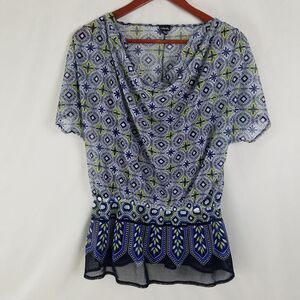 Rafaella‎ Shirt Womens Small Blue Top Sheer Short Sleeve Cowl Neck Blouse
